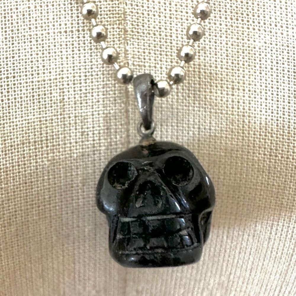 Black Obsidian Skull  Sterling Pendant  necklace